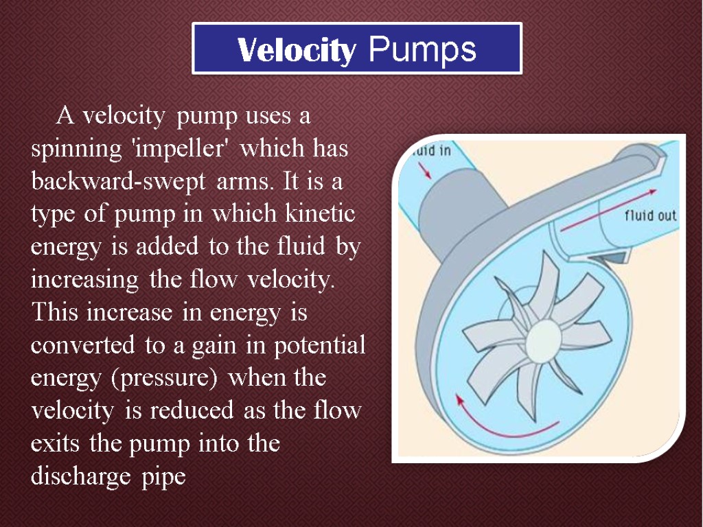 A velocity pump uses a spinning 'impeller' which has backward-swept arms. It is a